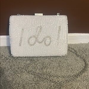 White Beaded 'I Do' Clutch with Silver Chain